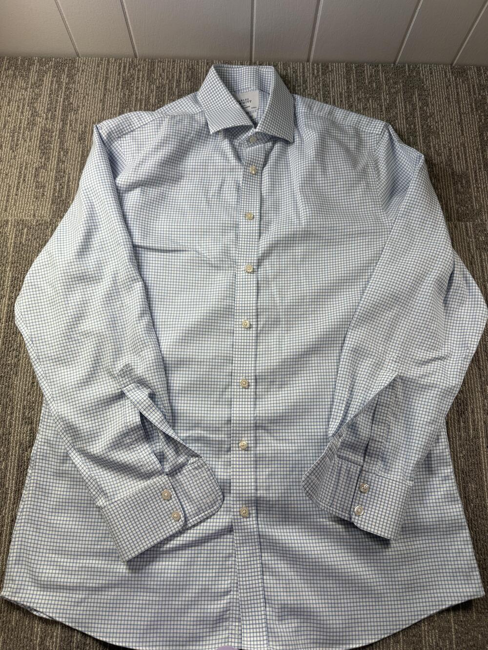 Charles Tyrwhitt Dress Shirt Mens 16.5 34/35 Blue Gingham Slim Fit Non Iron LS